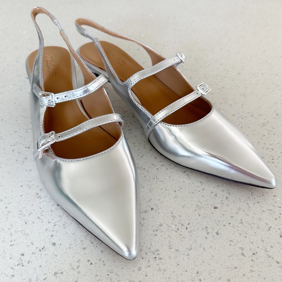 Madewell Shoes Women The Davina Slingback Pump Kitten Heel Silver Metallic 8 - Picture 1 of 5